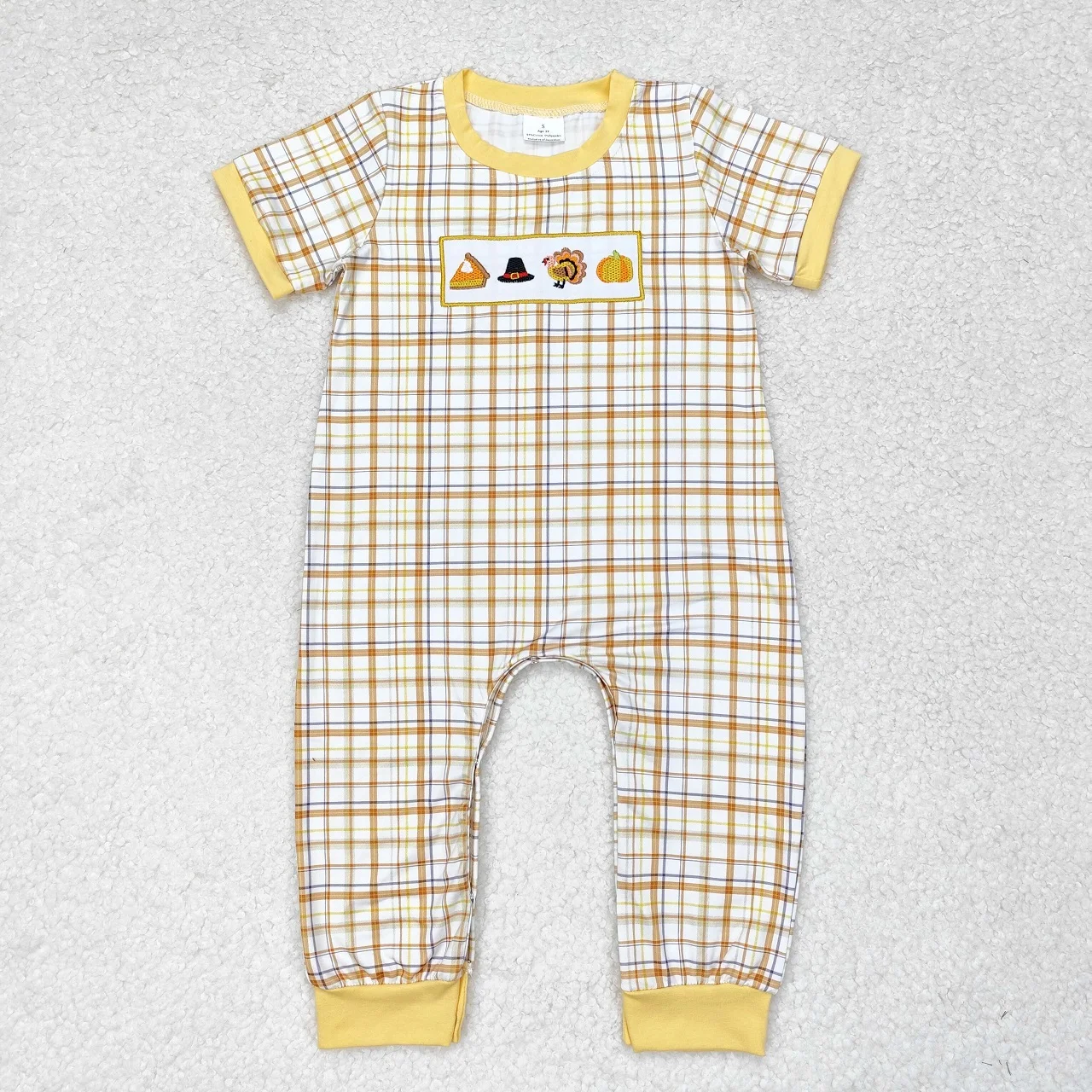 

Wholesale Children Baby Boy Short Sleeve Newborn Embroidery turkey Pumpkin One-piece Coverall Plaid Kids Toddler Romper Bodysuit