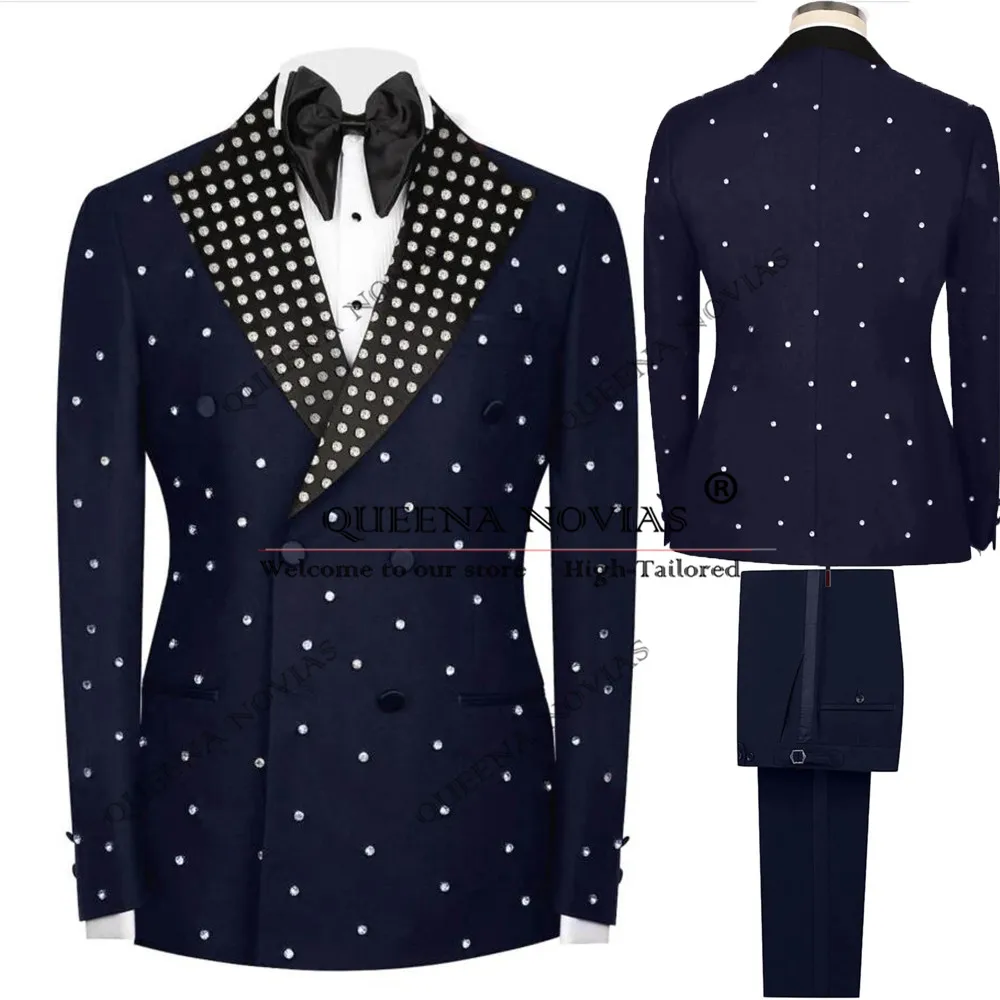 

Luxury Diamond Pearls Suits Men For Wedding Customized 2 Pieces Sets Double Breasted Jacket Pants Groom Formal Banquet Dresses