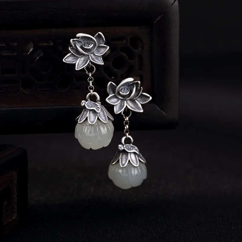 

Amxiu 925 Silver Vintage Lotus Earrings Natural Jade Pendant Earrings Handmade Drop Earrings