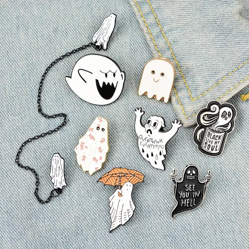 Ghost Escape Enamel Pin Badge Custom Coffee Umbrella Overthink Brooches Lapel pin Jeans shirt Bag Dark Halloween Jewelry Gift