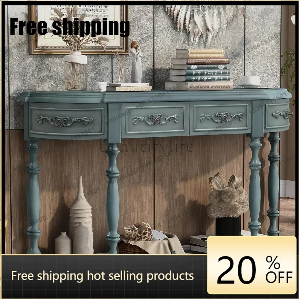 jj4 Retro Wood Curved Console Table 52-Inch Half Moon Hall Sofa Table Entryway Table with Drawers & Shelf for Living Room