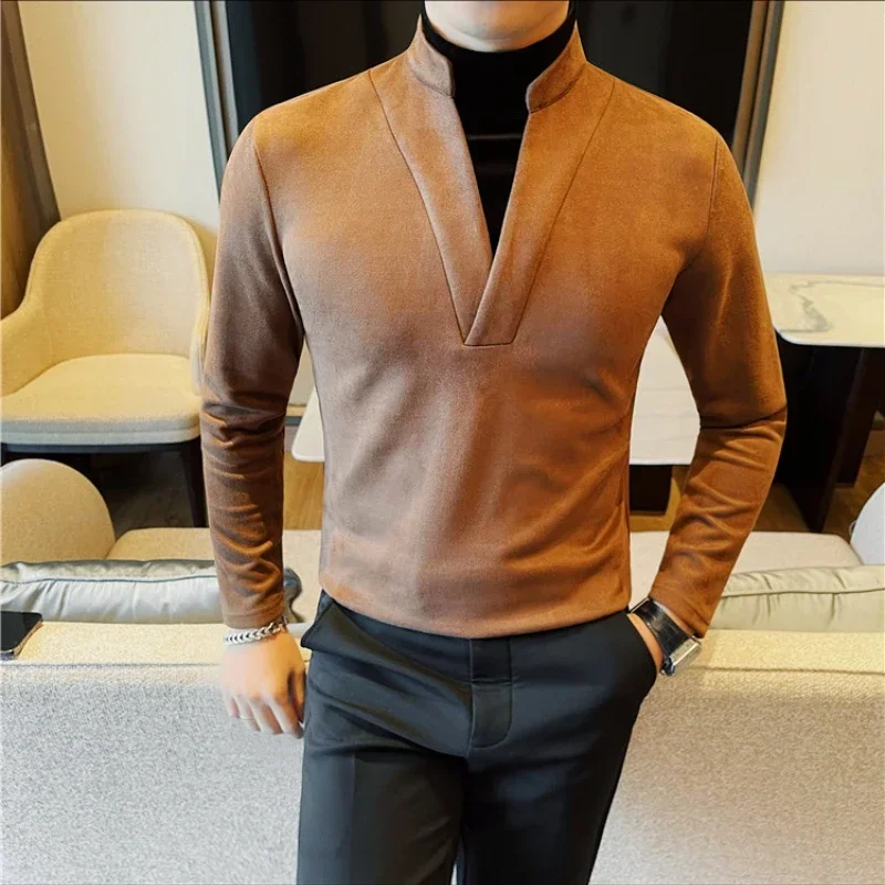 Fake Two Piece Winter Pullover Men 2024 Japanese Style Fashionable Casual Solid Color Long Sleeved Warm Slim Elastic Street Wear