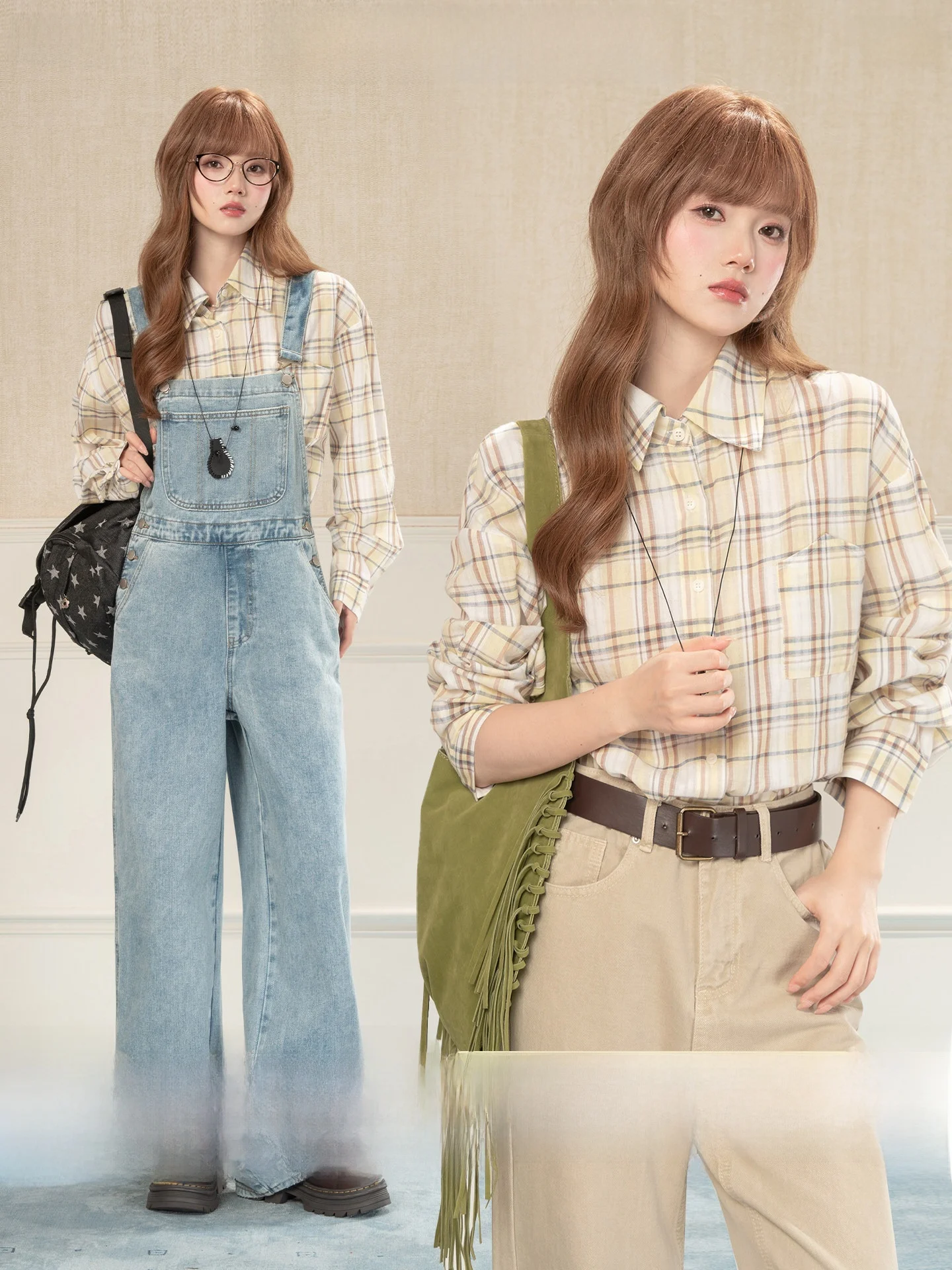 

Heynew Retro Yellow Plaid Long Sleeve Button up Shirt Women's Spring Summer Loose Versatile Top Coat Commute Style Cotton Pol...