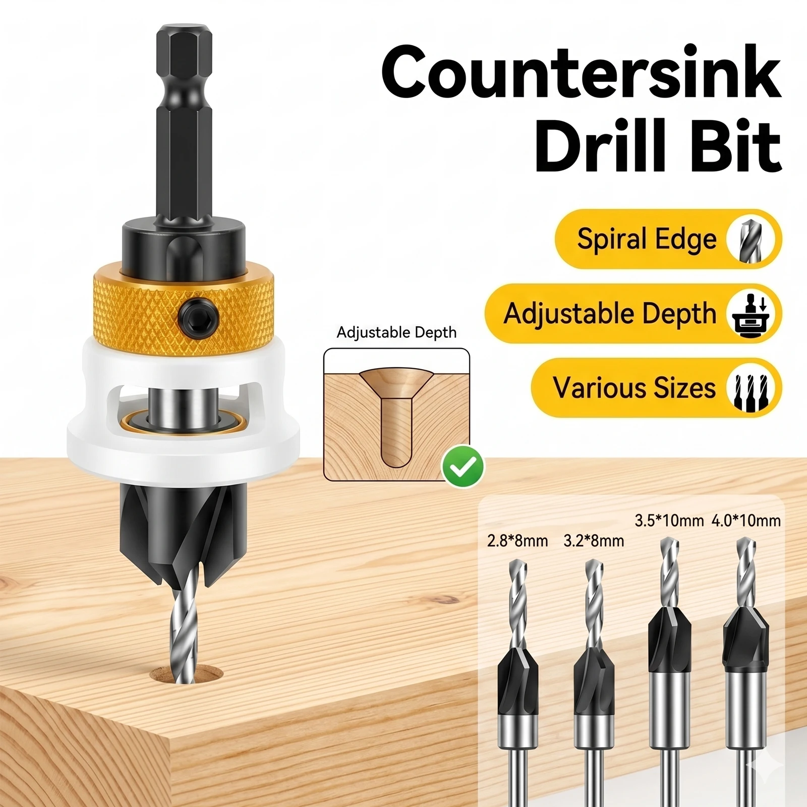 

Premium Alloy Countersink Drill Set w/ Spiral Flute & Depth Gauge 4 Replaceable Bits (2.8-4mm x 80-100mm) for Woodworking Tool