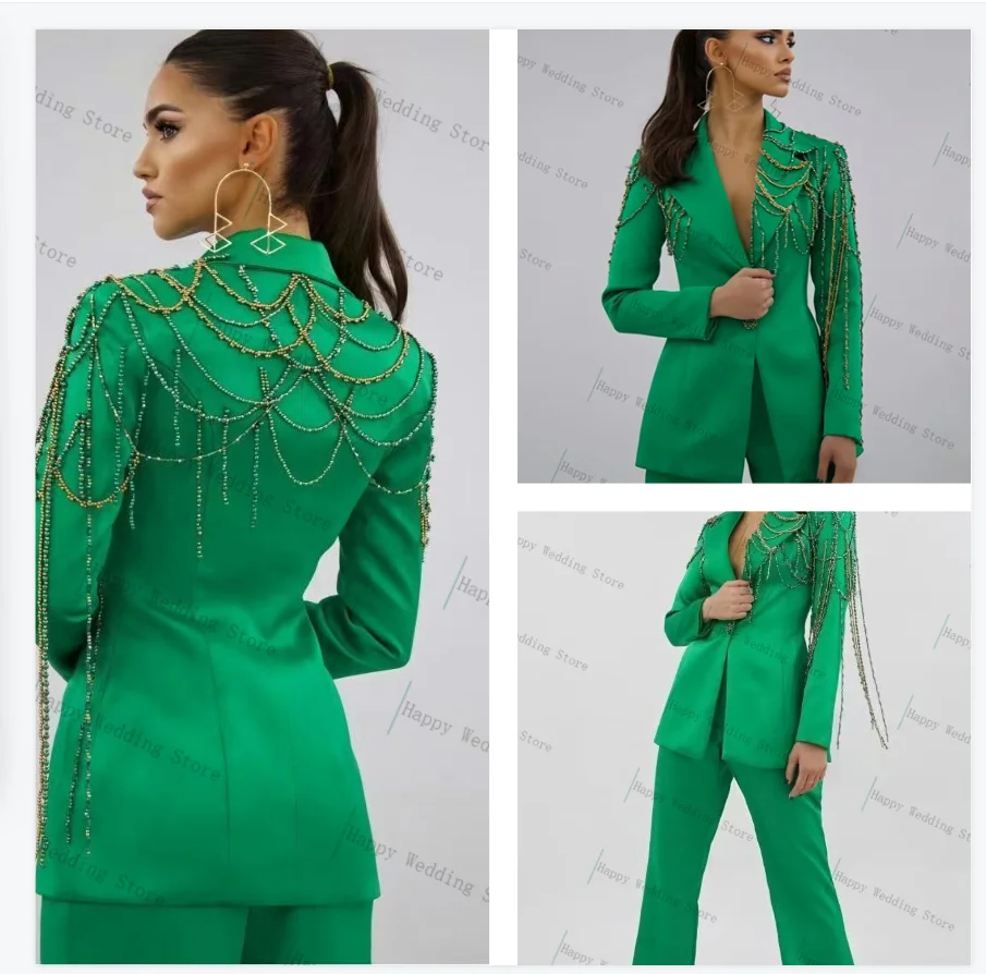 

Green Crystals Women Suit Set 2 Piece Blazer Pants Trousers Autumn Fall Cotton Formal Office Lady Customized Jacket Prom Coat