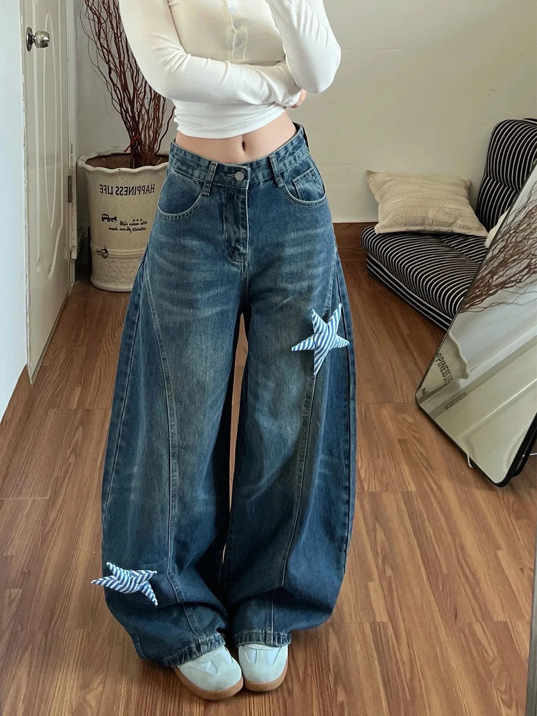 Y2K Womens Patchwork Jeans American Retro Star Rabbit Ear Loose Wide Leg Curved Knife Spring Autumn Pants