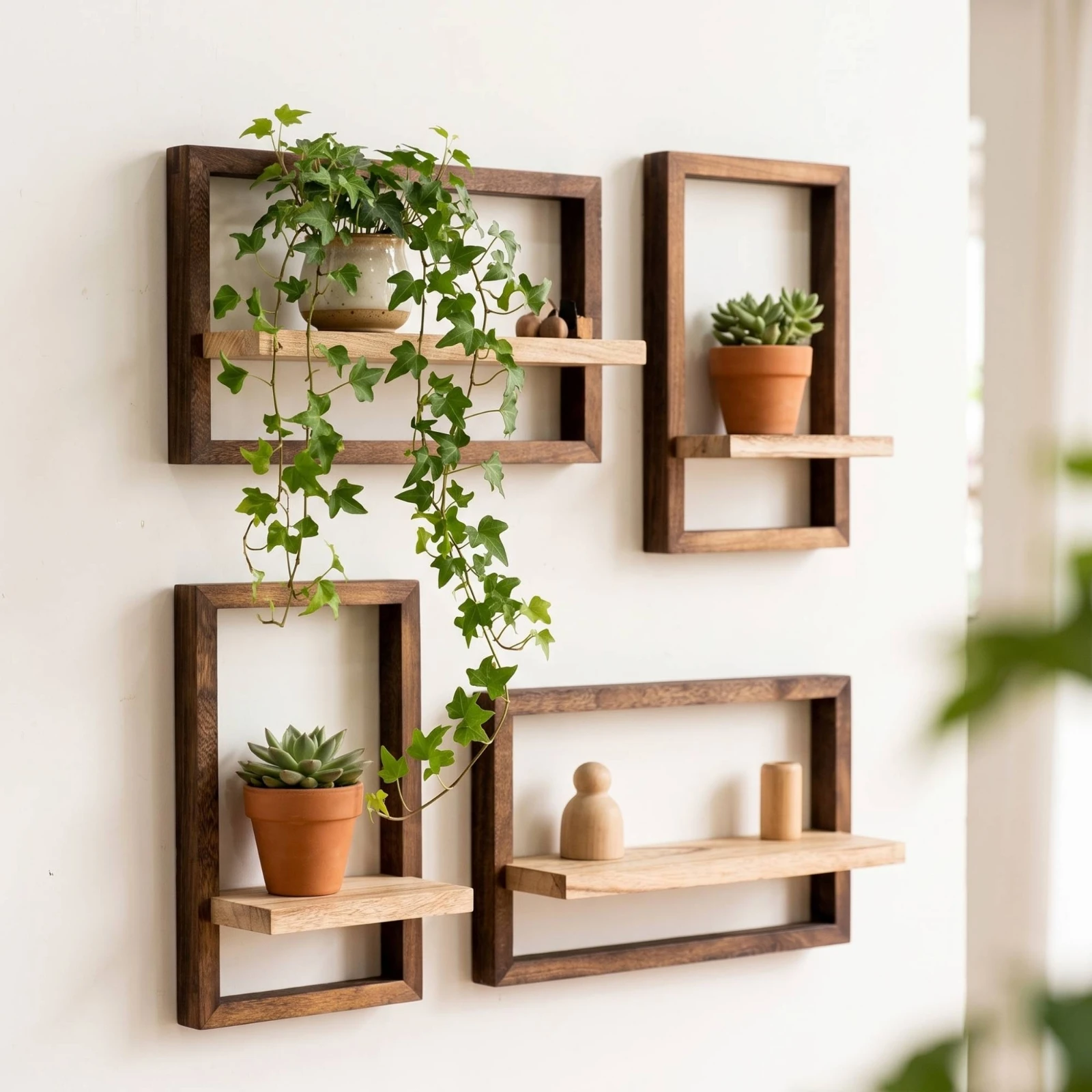 4 Pieces Floating Shelves with Rectangular Frames Space-Saving Wooden Floating Shelves Hanging Shelf Stylish for Living Room