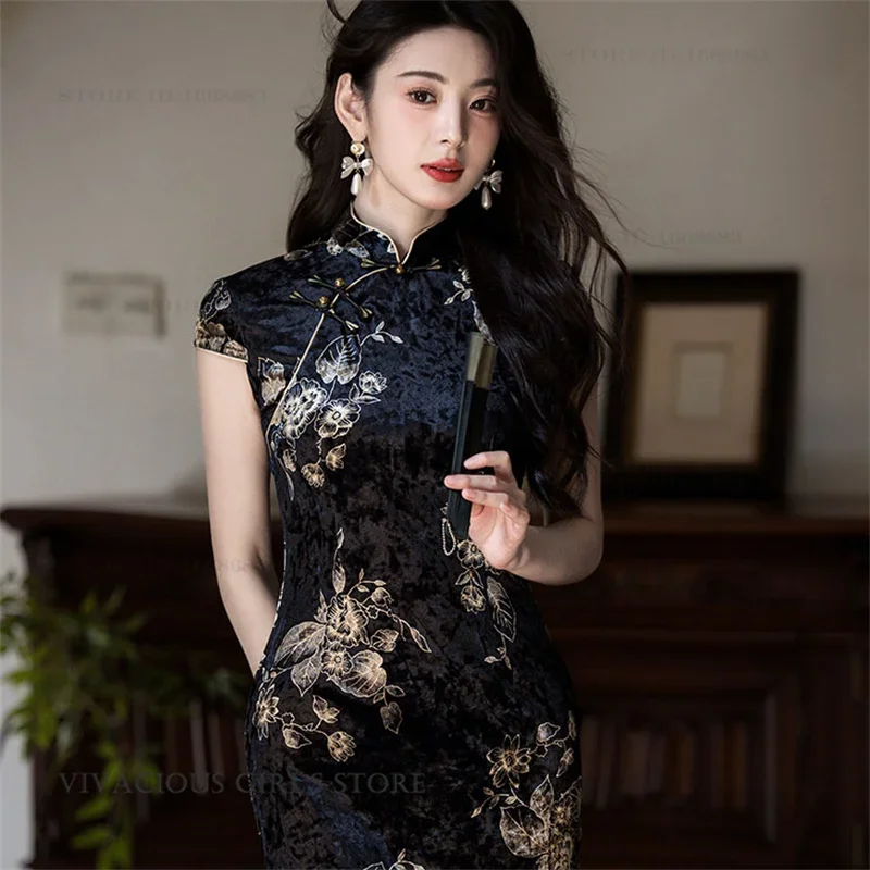 

Traditional Chinese Cheongsam Elegant Black Velvet Qipao Chinese Dress Vintage Classic Women's Qipao Novelty Formal Party Dress