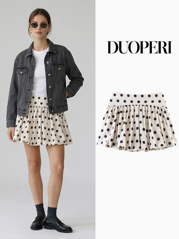 

DUOPERI Women Fashion Dot Printed Pleated Side Zipper Mini Skirts Shorts Vintage High Waist Female Chic Lady Shorts