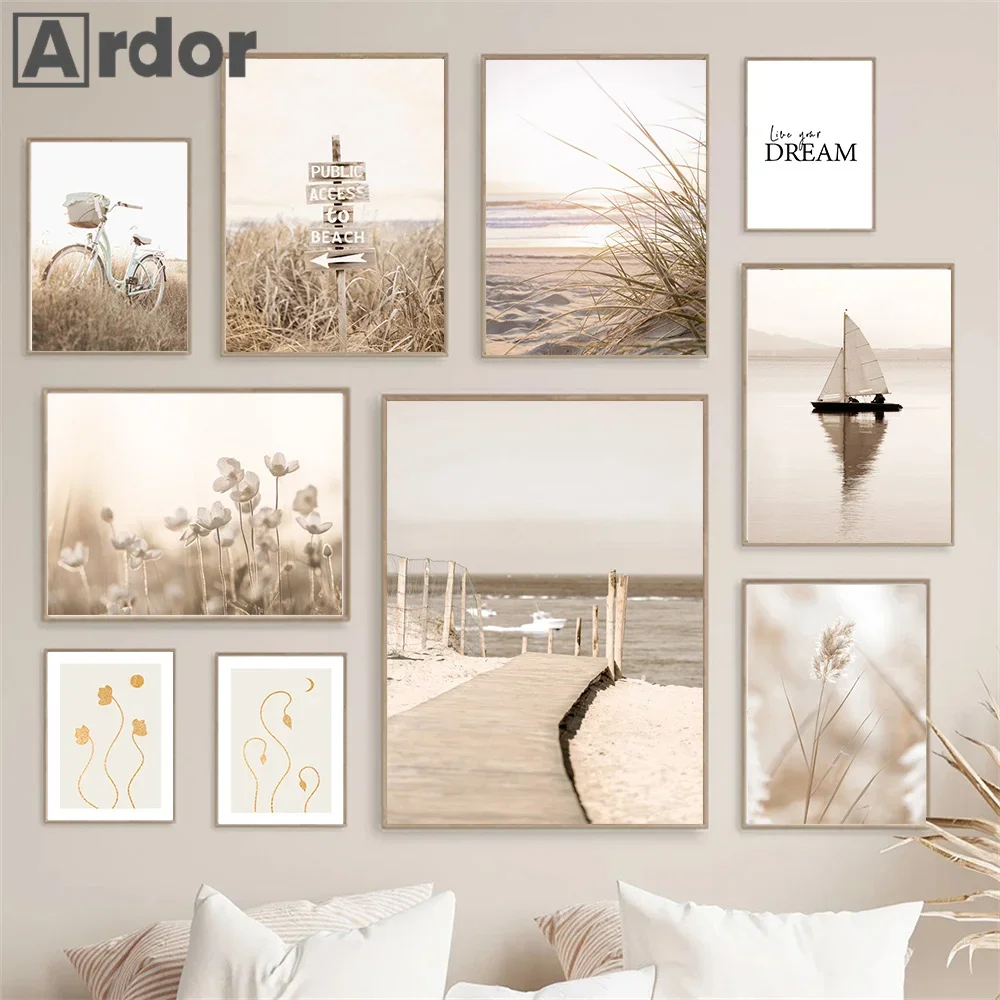 Nordic Beige Landschaft Poster Pflanzen Gras Schilf Blume Boot Wand Kunst Leinwand Malerei Meer Druck Bilder Moderne Wohnzimmer Dekor