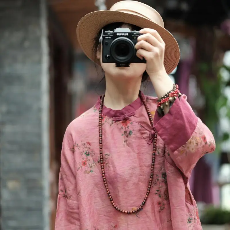 ใหม่ 2025 ฤดูใบไม้ผลิศิลปะสไตล์ผู้หญิงคอยาวแขนยาวหลวมVINTAGEปุ่มRamieดอกไม้พิมพ์คุณภาพสูงB42