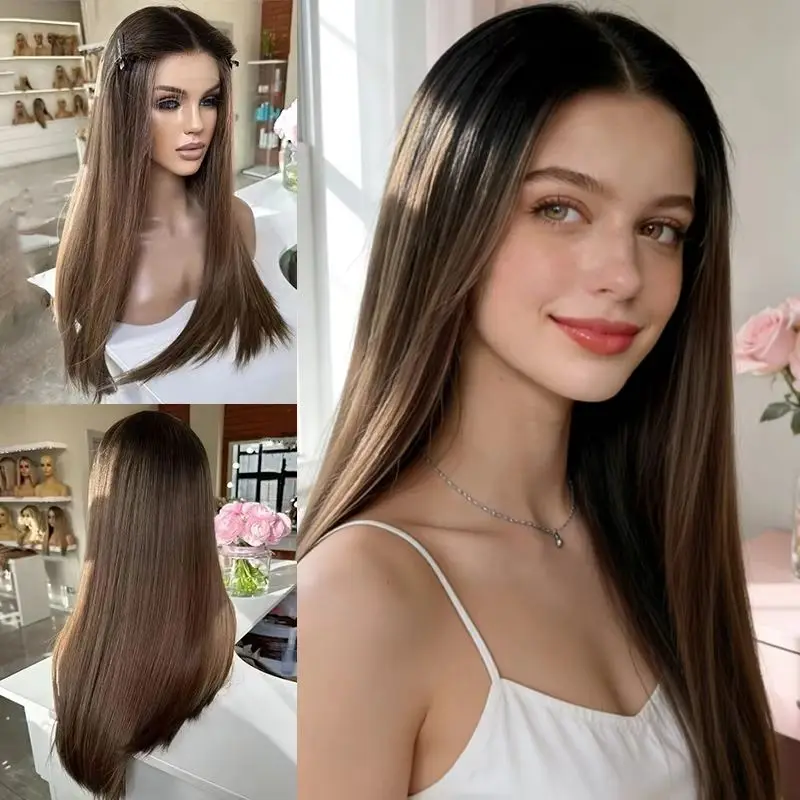 

Прямой длинный коричневый парик с блонд-оттенками и кружевной передней частью, с предварительно проработанной линией роста волос, для чернокожих и белых женщин, аналогичный еврейским парикам, для вечеринок