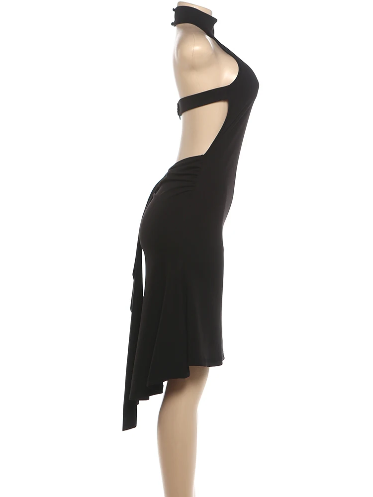 Weird Puss Sexy Rückenfreies Kleid Damenmode Klassisches Gerafftes Neckholder-Rollkragenkleid mit Perlen-Patchwork und Band, Trendiges Party-Club-Bodycon-Kleid – Detail 5