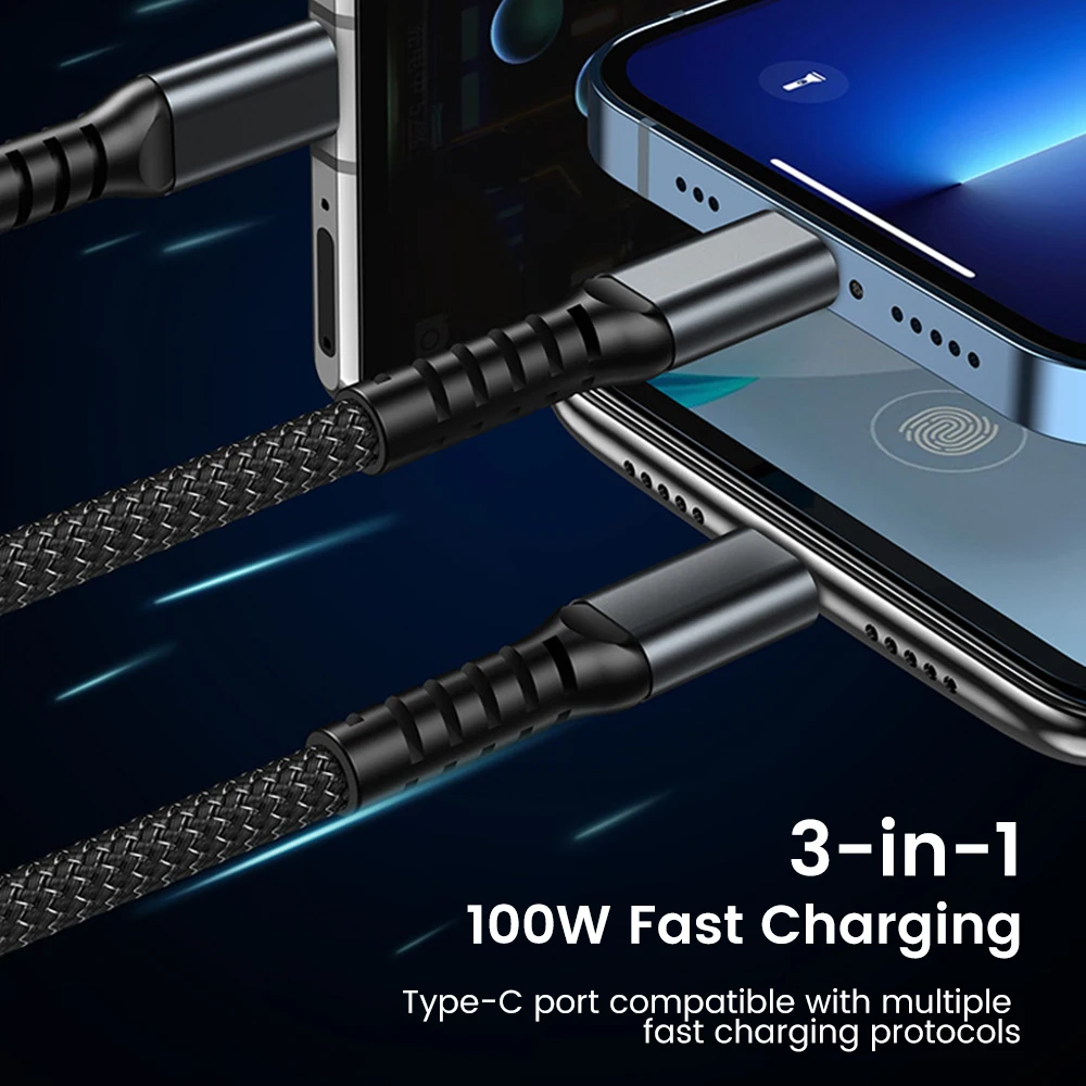 Elough 3 in 1 USB Type C Cable for iPhone 15 14 13 12 Pro Charger Cable 100W Micro USB Type C Cable for Huawei Samsung Xiaomi