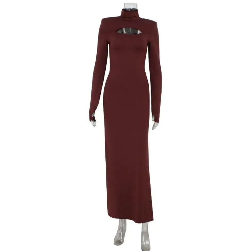 Ele High Collar Long Sve Hollow out Slit Dr Faionable Autumn Winter Women's Clothing Cross-Border High-End Lady S...
