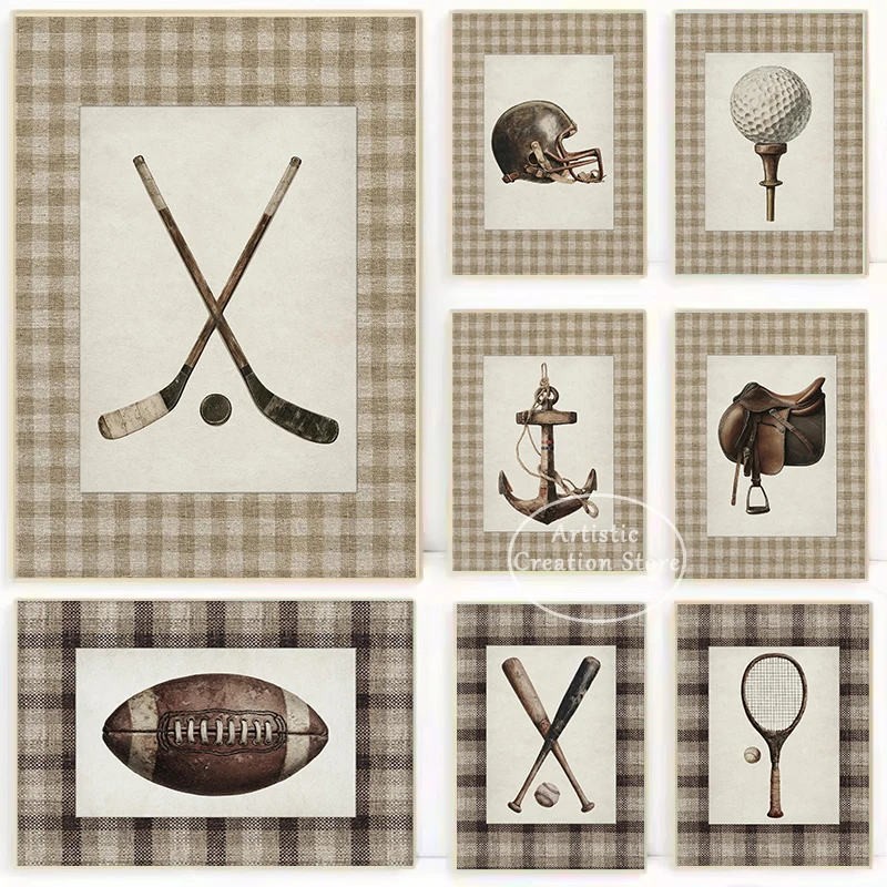 Vintage Hockey Football Baseball Sports Plaid Pattern Poster Canvas Painting Wall Art Pictures Home Boy's Room Decor Gift