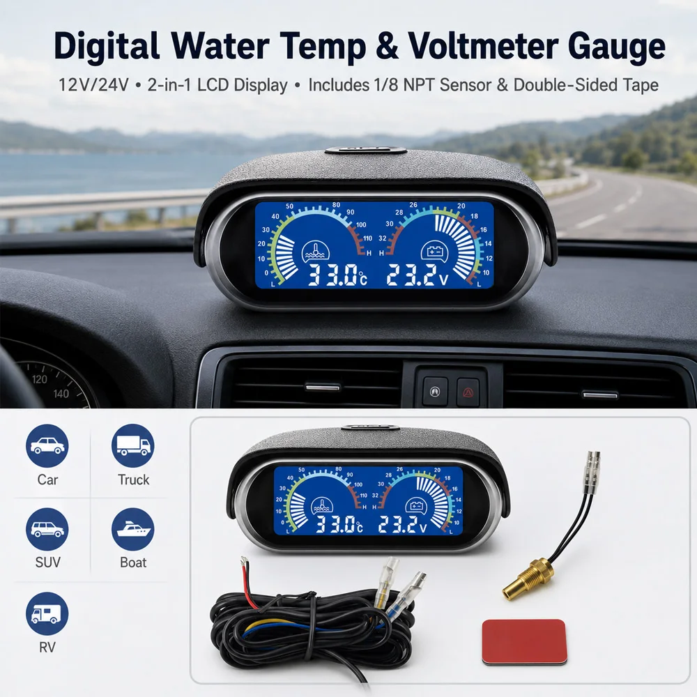 12V 24V 2-in-1 Digital LCD Water Temperature Gauge +Voltage Gauge  With 1/8 NPT Temp Sensor Water Temp Meter for Auto Cars SUV