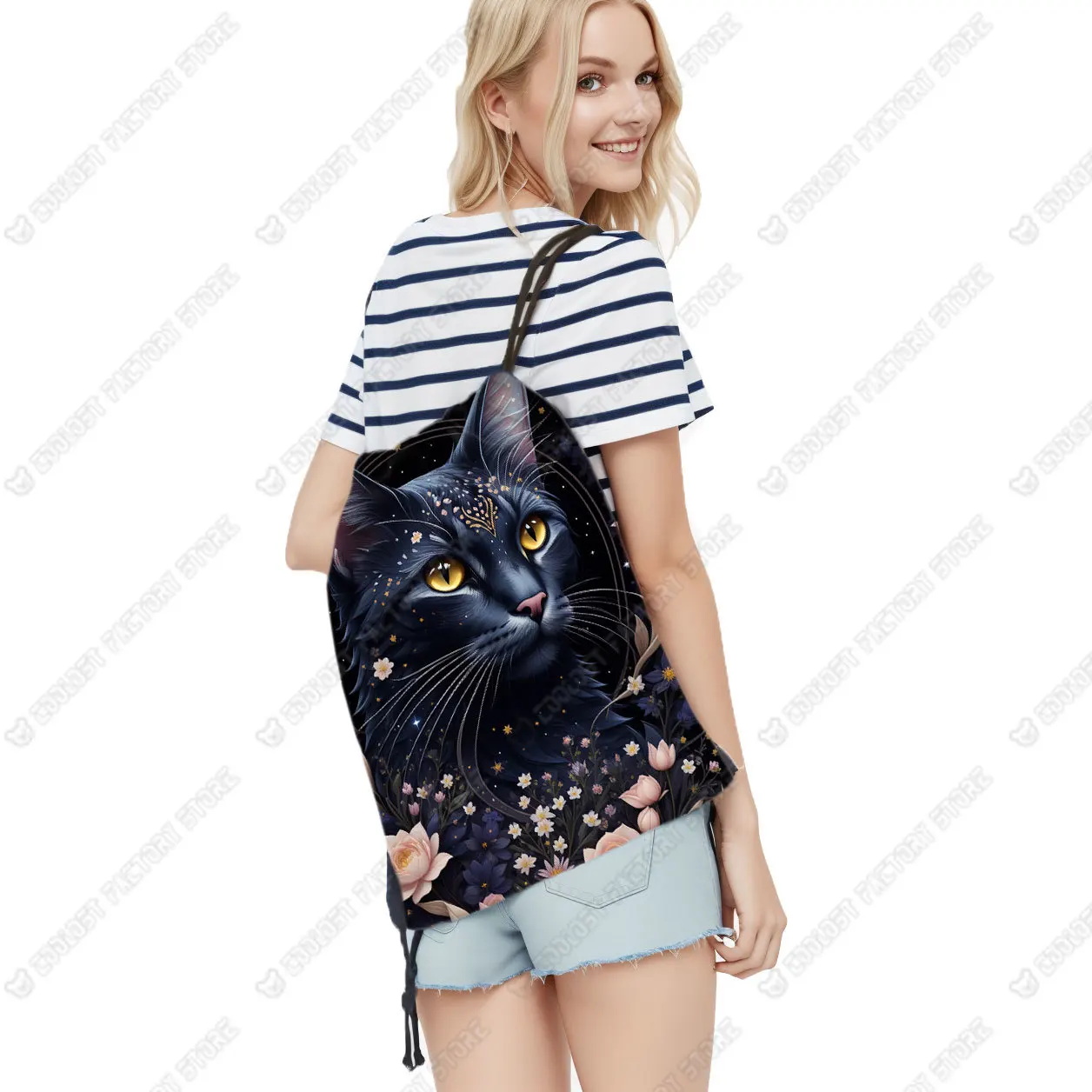 Kawaii Black Cat Moon Printing Drawstring Bag for Travel Teenager Bookbag Gym Sport Backpacks Day Bag Shoes Holder Gift