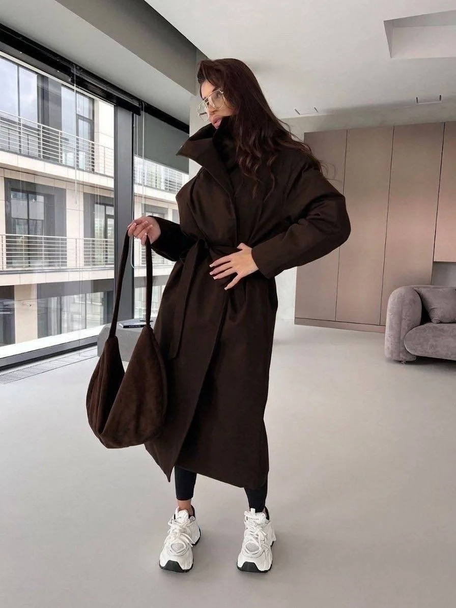 Women's Solid Oversized Hooded Belted Padded Coats Chic Women Long Sleeve Soft Warm Long Jackets Winter Daily Street Outerwear
