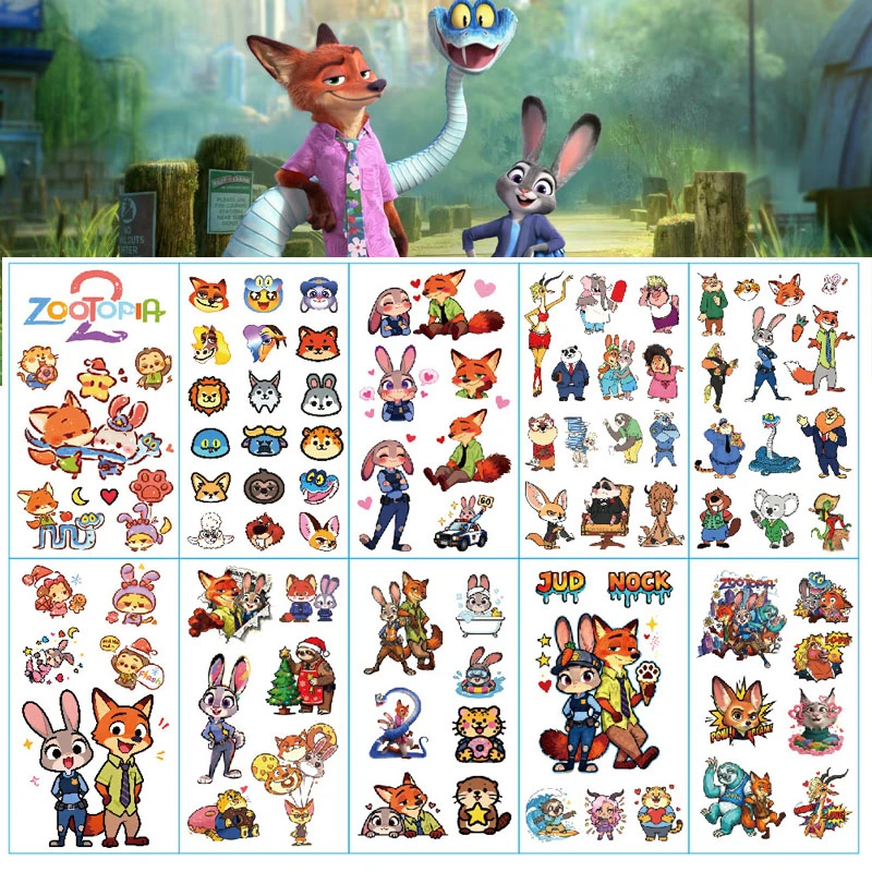

10pcs/set Cartoon Disney Zootopia 2 Kawaii Judy Nick Temporary Tattoo Stickers For Body Art Tattoo Party Birthday Gifts Sticker