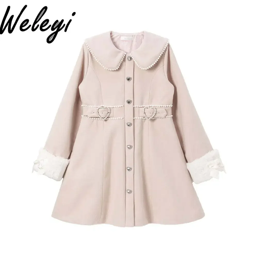 

Autumn and Winter Cute Japanese Woolen Mid-length Trench Coat Women's Coats Loose Thickened Sweet Doll Collar Beaded Jacket