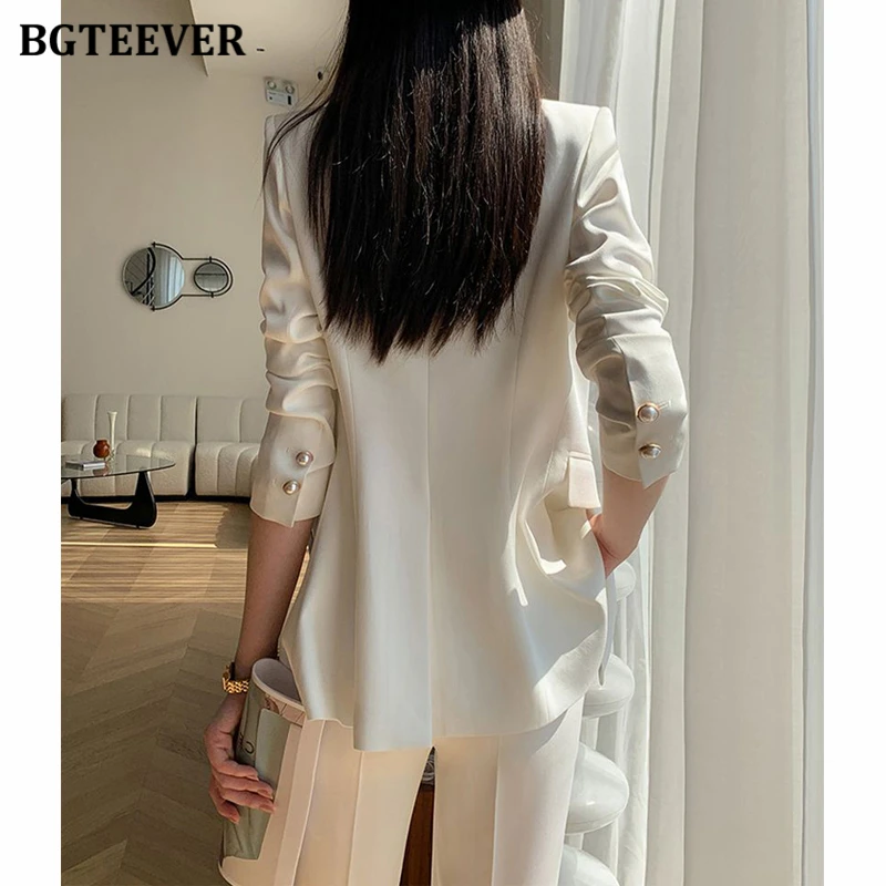 BGTEEVER Spring Ladies 2 Pieces Blazer Set Long Sleeve Double Breasted Suit Jackets & Wide Leg Trousers Elegant Women Pant Suits