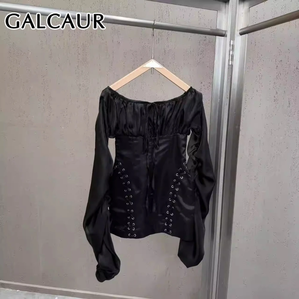 

Новое модное женское мини-платье GALCAUR с эффектом похудения, с вырезом-лодочкой, длинными рукавами, пэчворком и шнуровкой