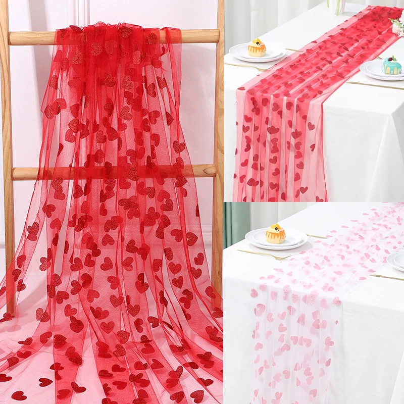 

75x180cm Red Heart Table Runner Wedding Lace Tablecloth Chiffon Tulle Table Cover for Wedding Birthday Baby Shower Party Decor