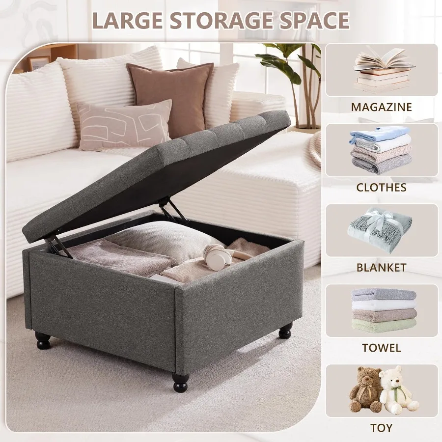 Mesa de centro otomana de almacenamiento cuadrada grande de 30 pulgadas con espacio de almacenamiento oculto Mesa de centro tapizada capitoné de gran tamaño en color oscuro G