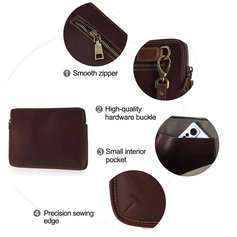 Ręcznie robiona męska torba Cluth ze skóry bydlęcej z opaską na nadgarstek i pokrowcem na laptopa z prawdziwej skóry, odpowiednia do laptopów 14,2 cala