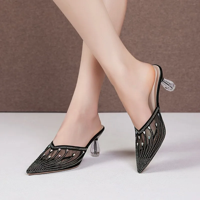 2024 Summer New Mesh Diamond Slippers for Women\'s Fashion Outwear Pointed Crystal Heel High Heel Slippers