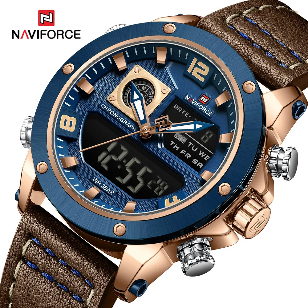 

NAVIFORCE Watches For Men 9236 New Double Display Leather High Quality Quartz Watches Sports Waterproof Digital Clock Mens Watch