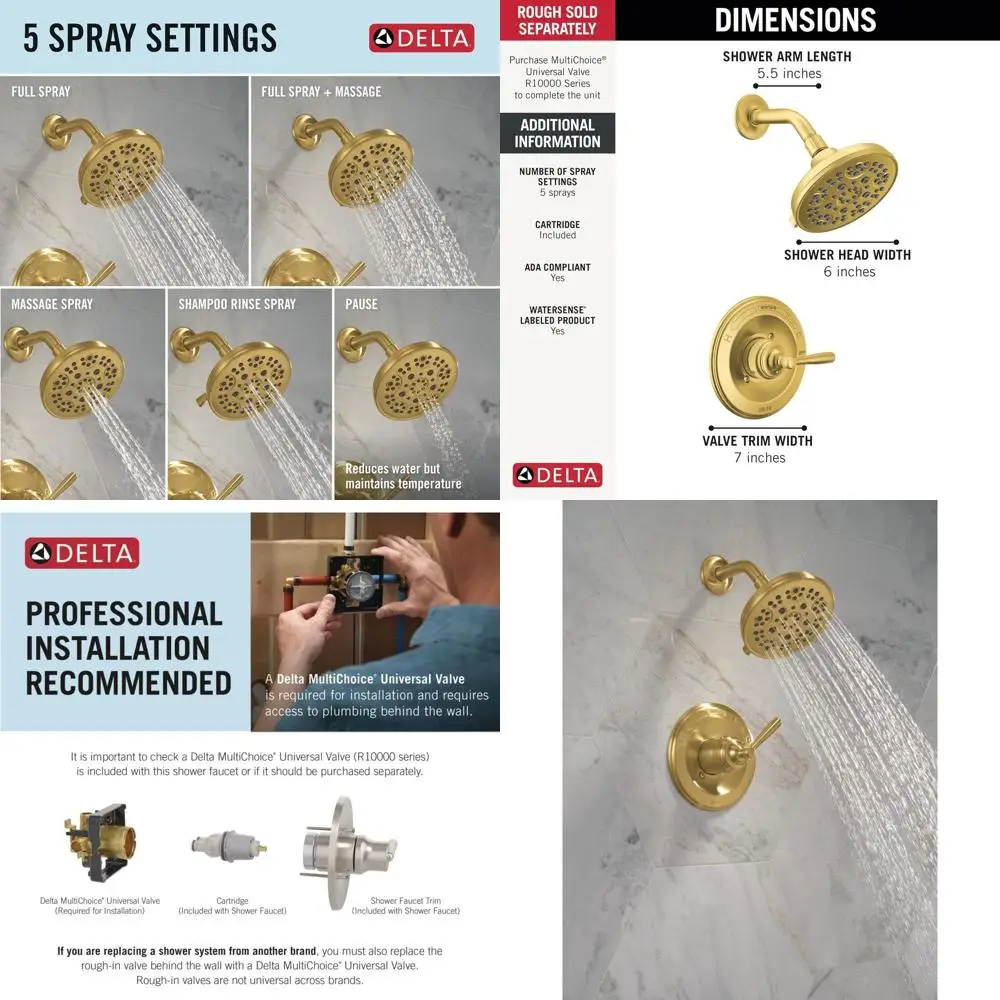 

5-Setting Shower Faucet Set with Brushed Gold Finish and Handle Trim Kit