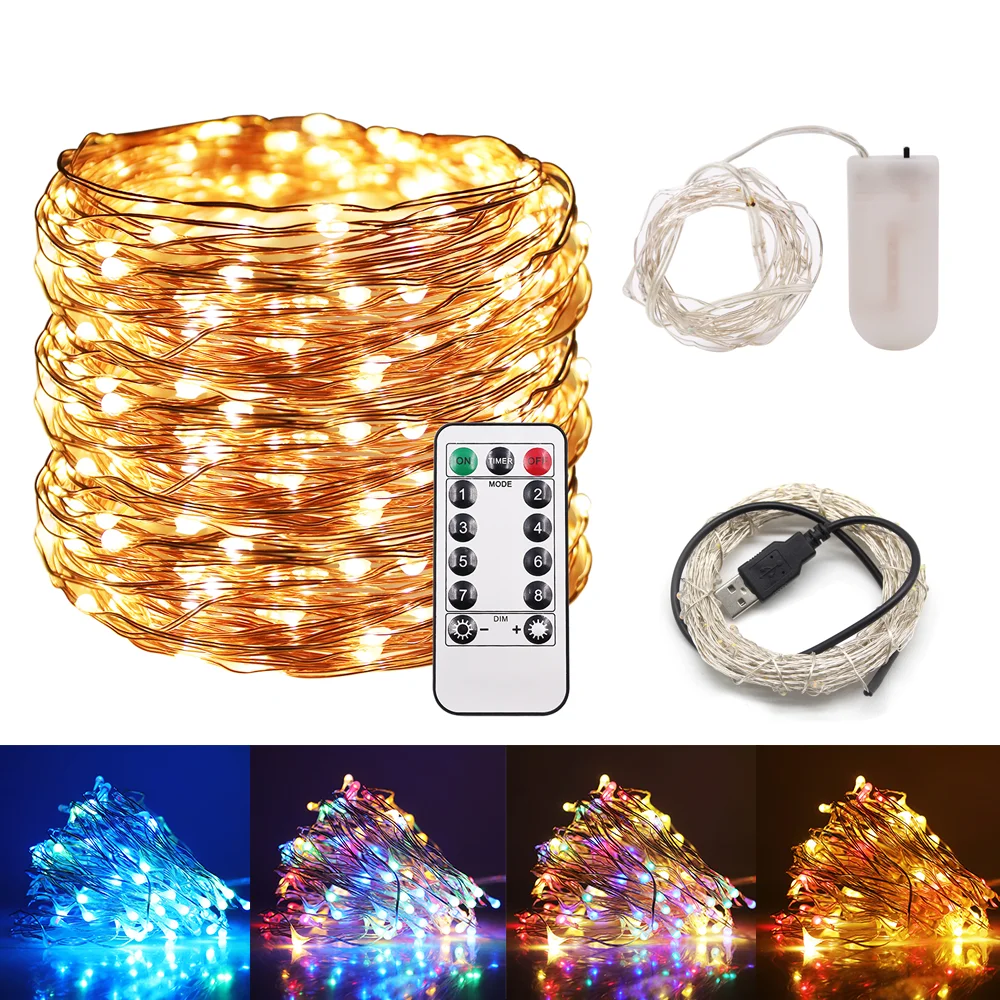 Fio de cobre LED String Lights, Guirlanda ao ar livre impermeável, Fairy Light, Árvore de Natal, Decoração de casamento, USB, Bateria, 2m, 5m, 10m