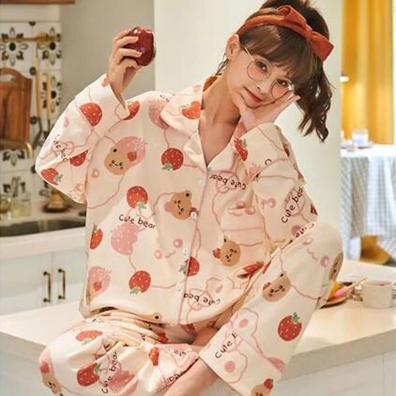 Spring Women Cute Pajamas Set Cartoon Soft Cotton Loungewear Turn-Down Collar Long-Sleeve Pants Sleepwear Girls Sweet Home Suit