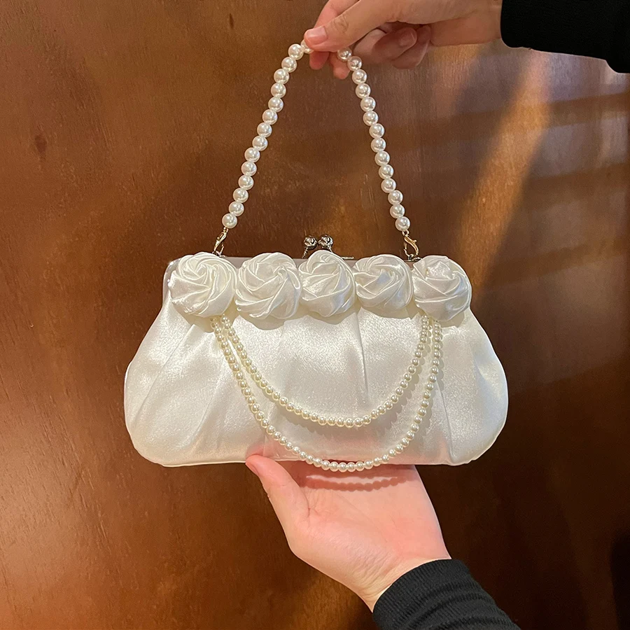 Vintage Silk Flower Totes Bag Soild Color Banquet 30cm Pearl Hand Purse And Handbag Elegant Wedding Party Bride Evening Clutch