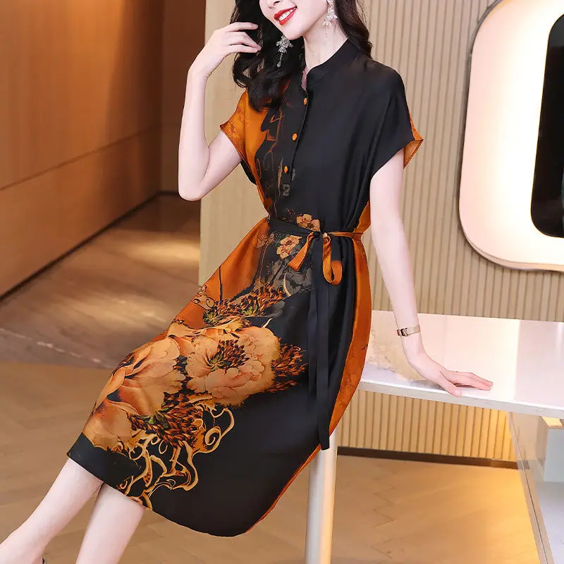 Fashion Stand Collar Button Printed Bandage SILK Vintage Dress Women's Clothing 2024 Summer New Loose Office Lady Party Dress