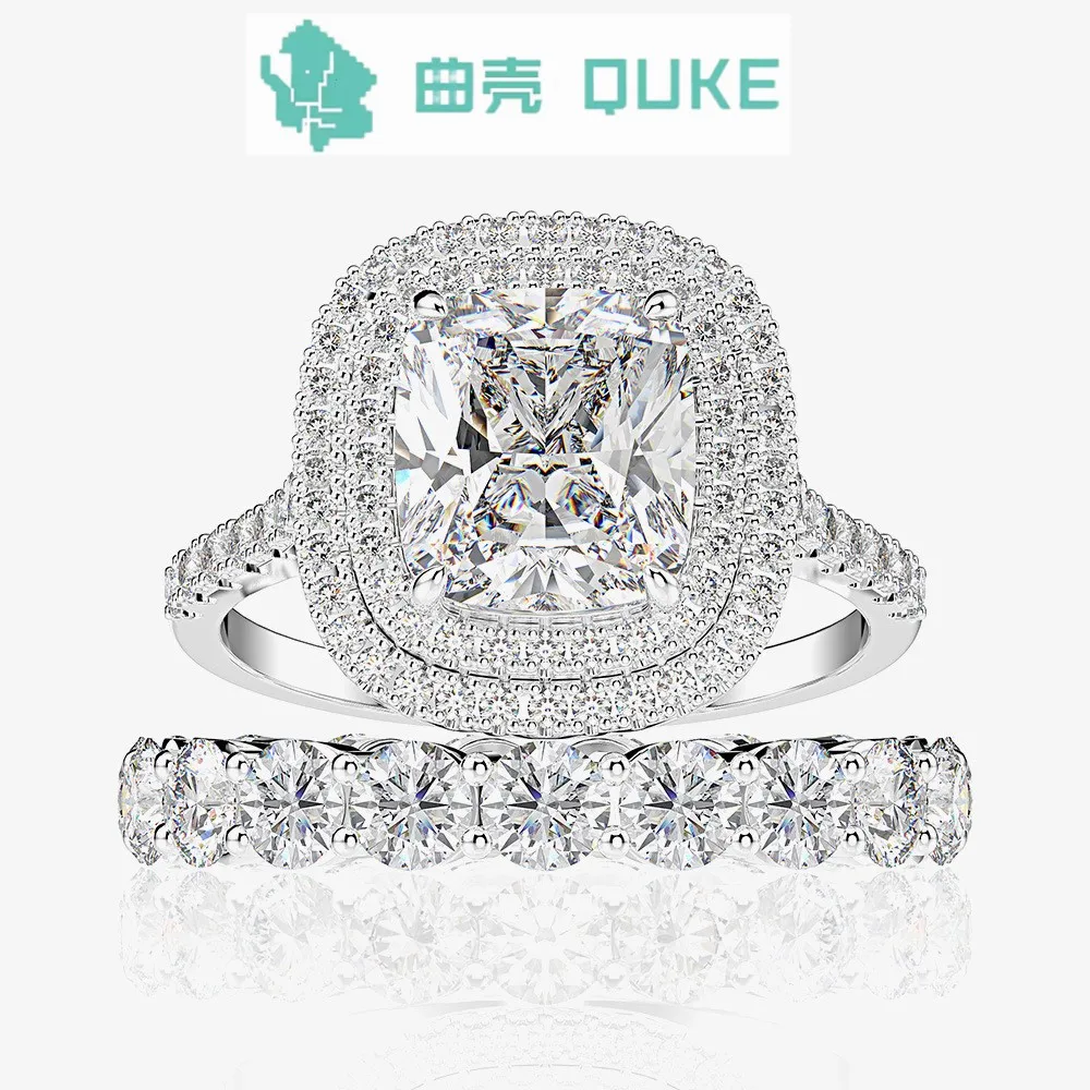 

New Sterling Silver Fashion Luxury Surround Set with 8 * 9mm High Carbon Diamond 3 Carat Two Ring Women's Dinner Wedding