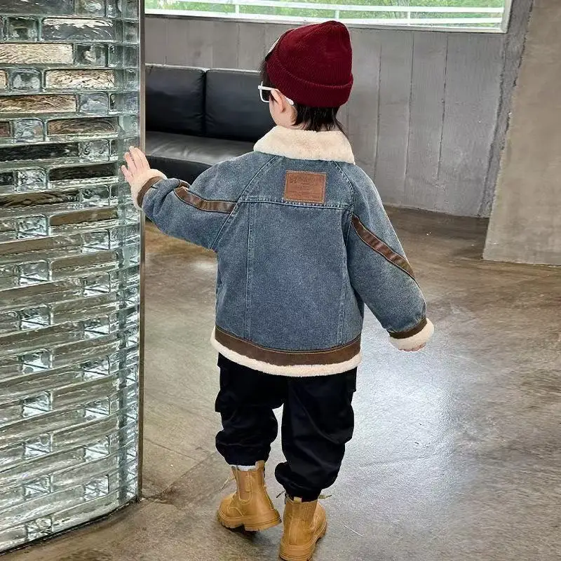 Boys Velvet Coat Autumn And Winter Children's Thick and Warm Denim Jacket Top 2 3 5 7 9 11 12Y