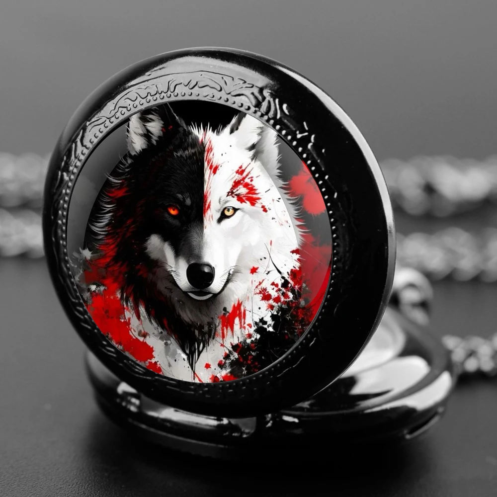 Black and White Wolf Design Glass Dome Fashion Arabic Numerals Quartz Pocket Watch Necklace Pendant Chain Mens Women Gifts