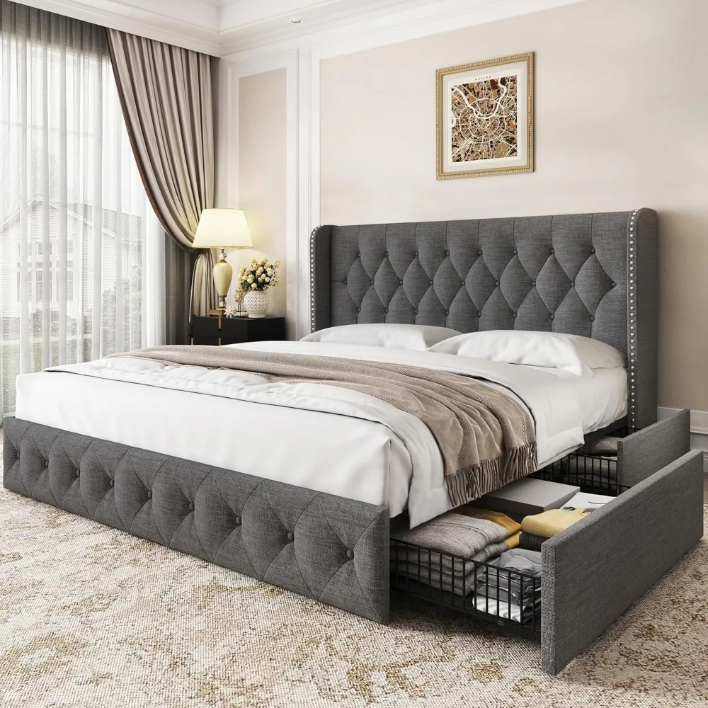 Marco de cama King Size, plataforma acolchada con 4 cajones de almacenamiento y cabecero, marco de cama Wingback, camas tapizadas de lino, gris