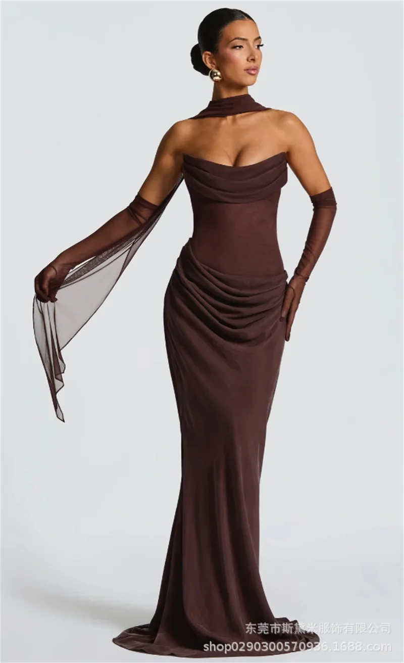 

Элегантное женское макси-платье без бретелек с драпированным вырезом-кауол, в комплекте с перчатками и шарфом, винтажное драпированное вечернее платье-футляр, формальное платье для выпускного вечера, юбка-русалка