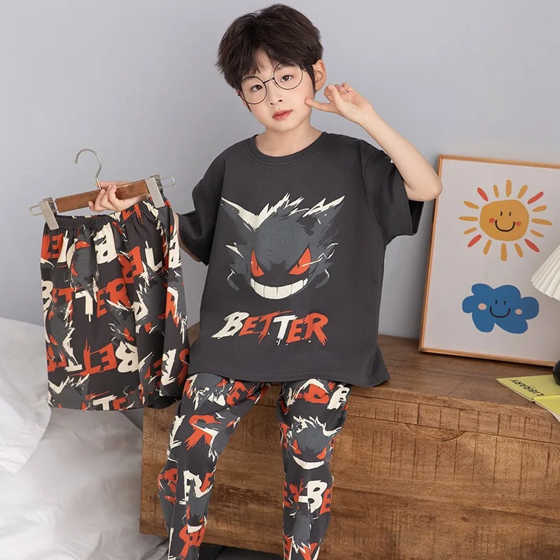 

3Pcs Anime Gengar Children's Pajamas Cartoon Boy Cotton Pajamas Short Sleeves Teen Anime Ventilate Round Neck Casual Homewear