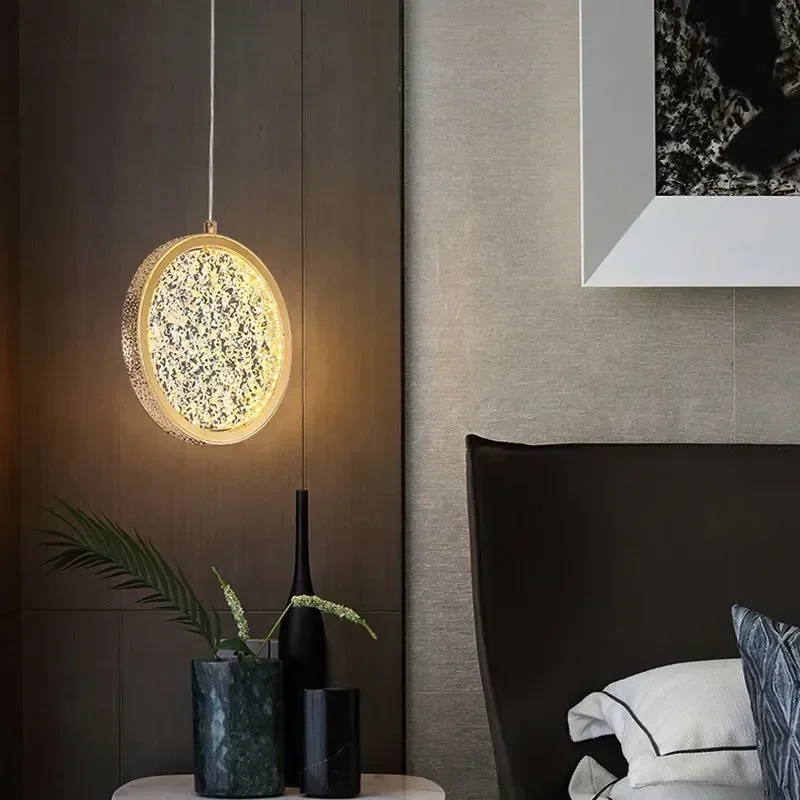 Nordic Crystal Round LED Pendant Light Minimalist Single Head Bedroom Bedside Decor Chandelier Bar Restaurant Hanging Lamp