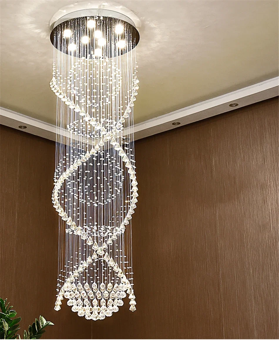

Long Crystal Chandelier For Staircase Luxury Design Cristal Lamp Modern Home Decor Indoor Lighting Living Room LED Light Fixture