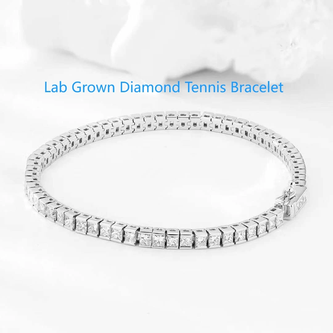 Princess Cut 3.5mm Each Stone Lab Created Diamond DEF Color (CVD hpht) Tennis Line Bracelet 14K Solid White Gold 18cm