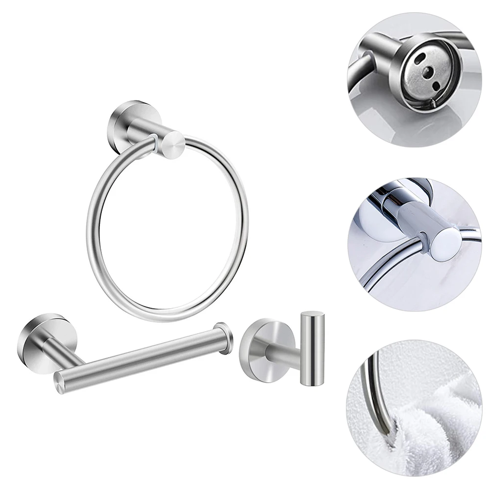 

3Pcs Stainless Steel Bathroom Towel Ring Paper Towel Holder Clothes Hook Set Space Saving Wall Mounted Storage Rack
