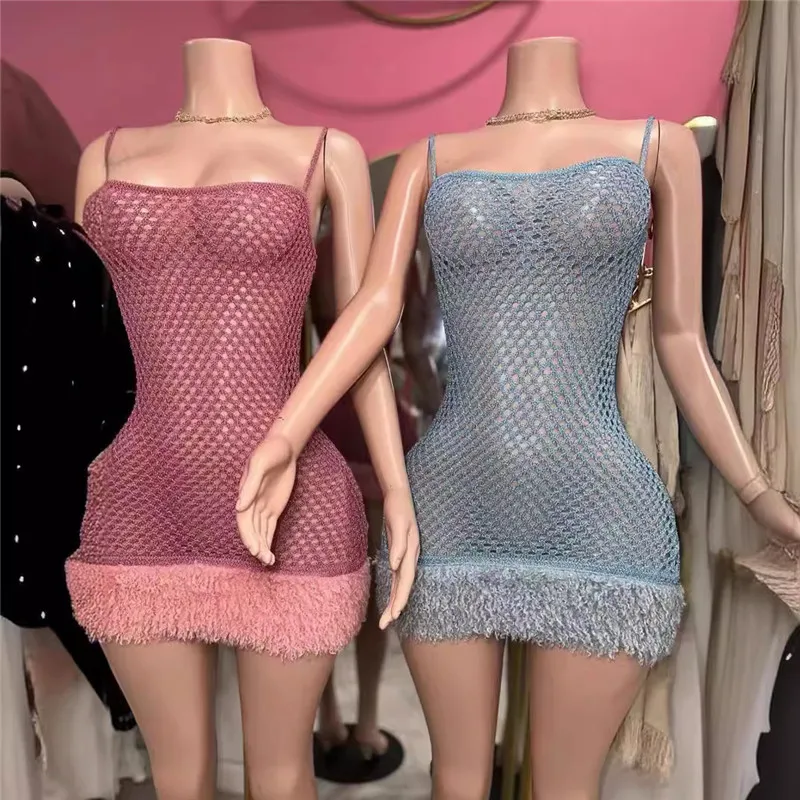 Spaghetti Strap Hollow Out See Through Mini Dress Summer Knitted Feathers Cover Ups Dress Sexy Sleeveless Beachwear Outfits