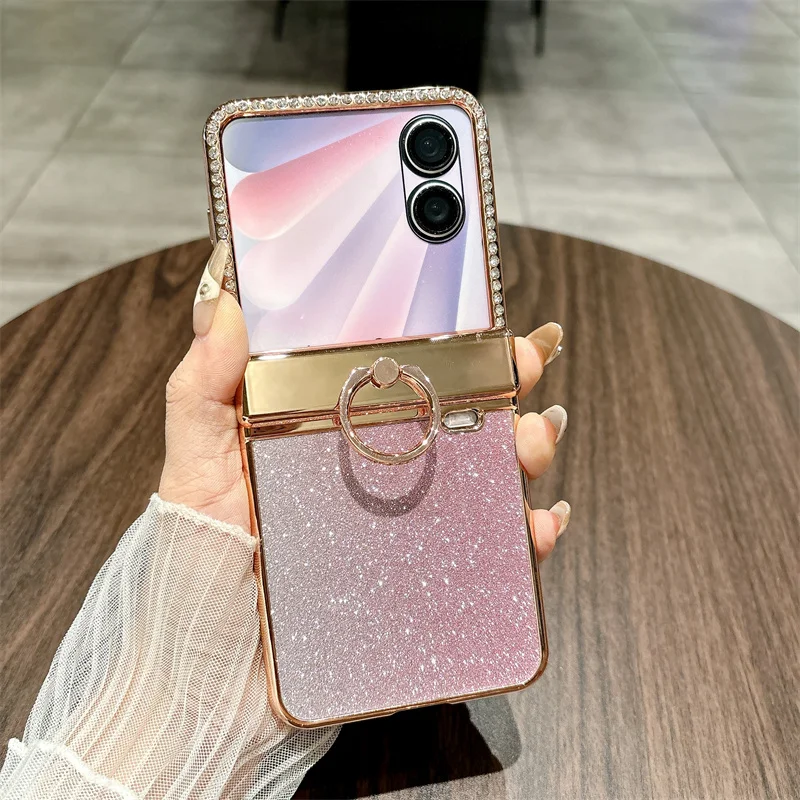 

Phone Case For Honor Magic V Flip 2 Luxury Electroplated Ring Holder Hinge Protection Shockproof Anti-Fingerprint Cover