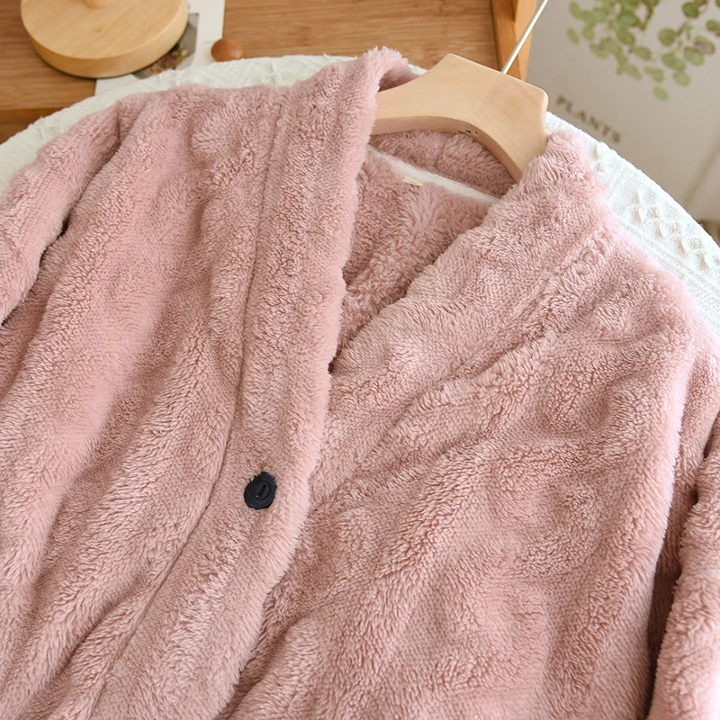 Winter New Flannel Kimono Robe Women Night Gowns Bathrobe Long Sleeve Thicke Sleeping Sleepwear Warm Coral Velvet Pajamas Set